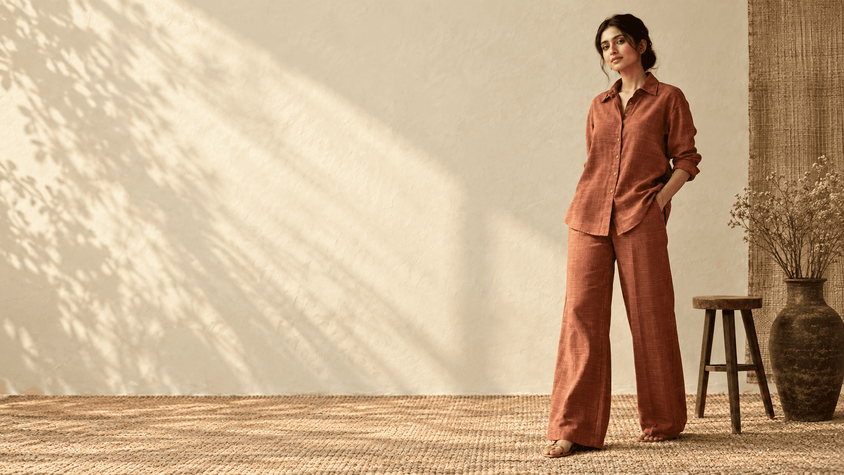 Woman wearing Ritvaa's terracotta co-ord set