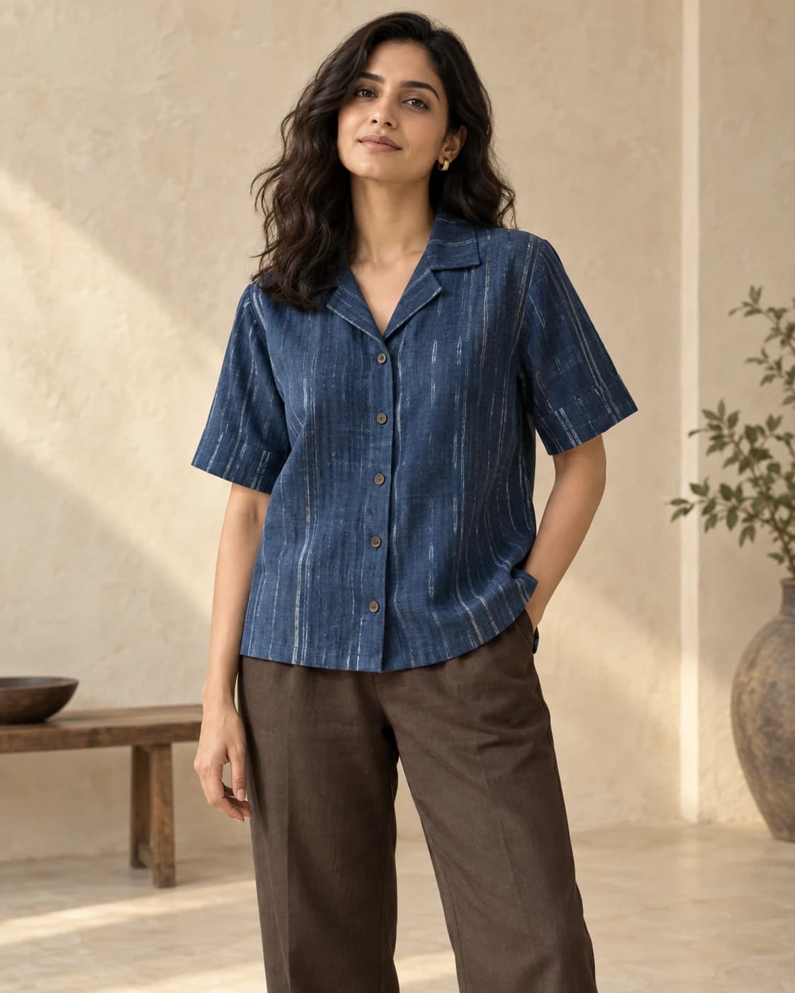 Woman wearing the Bengal Camp Collar Shirt in Indigo