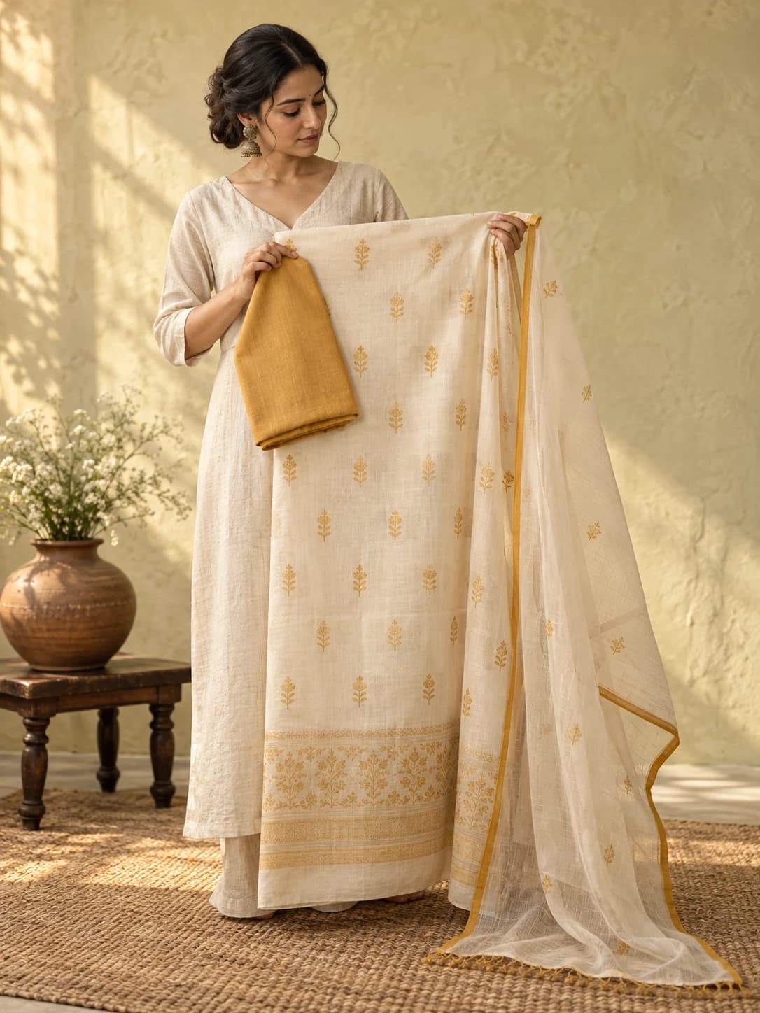 Champa Noor ivory chanderi unstitched suit fabrics with marigold motifs