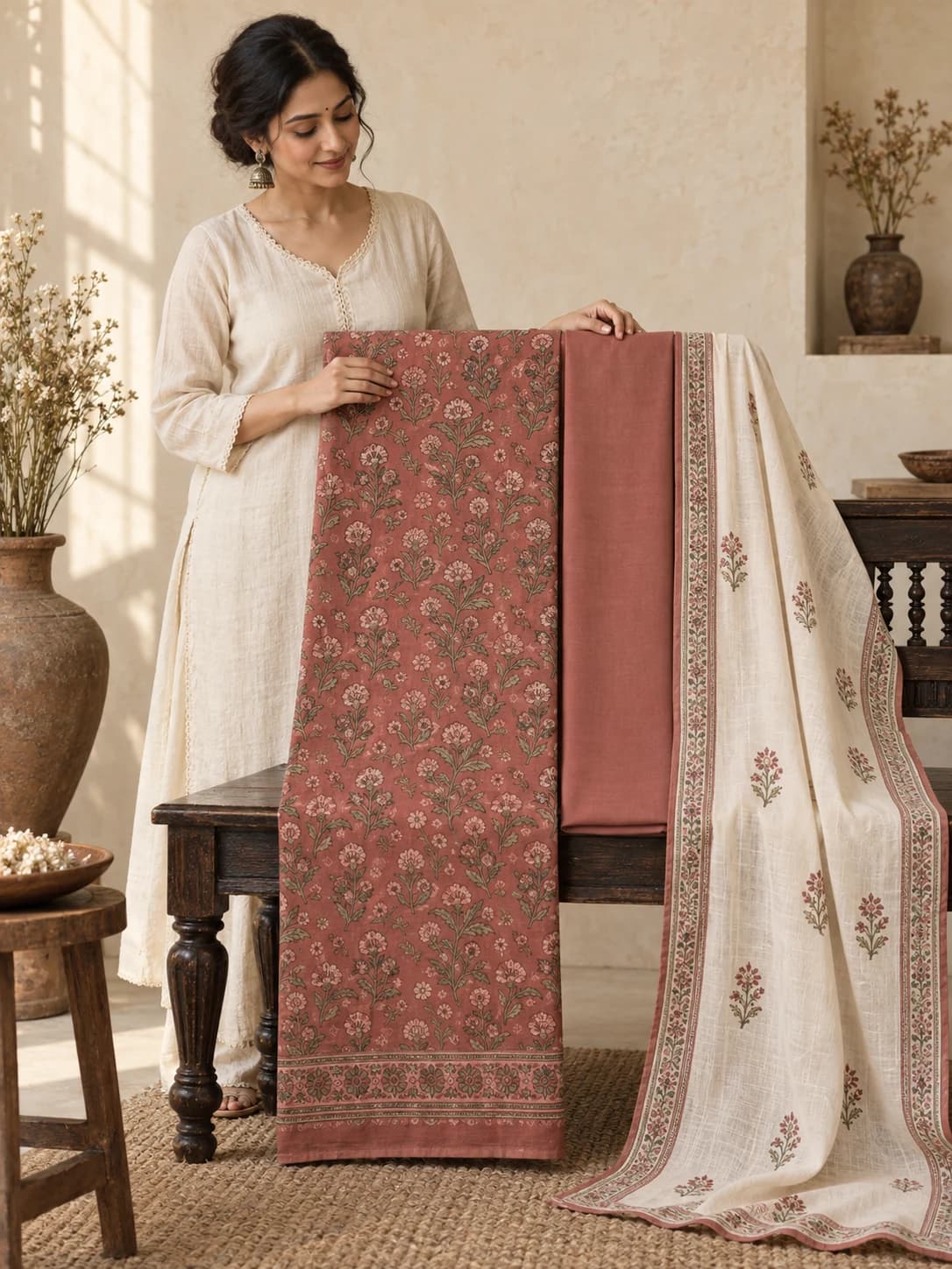 Gulnaar Bagh madder rose botanical unstitched suit fabrics with cream dupatta