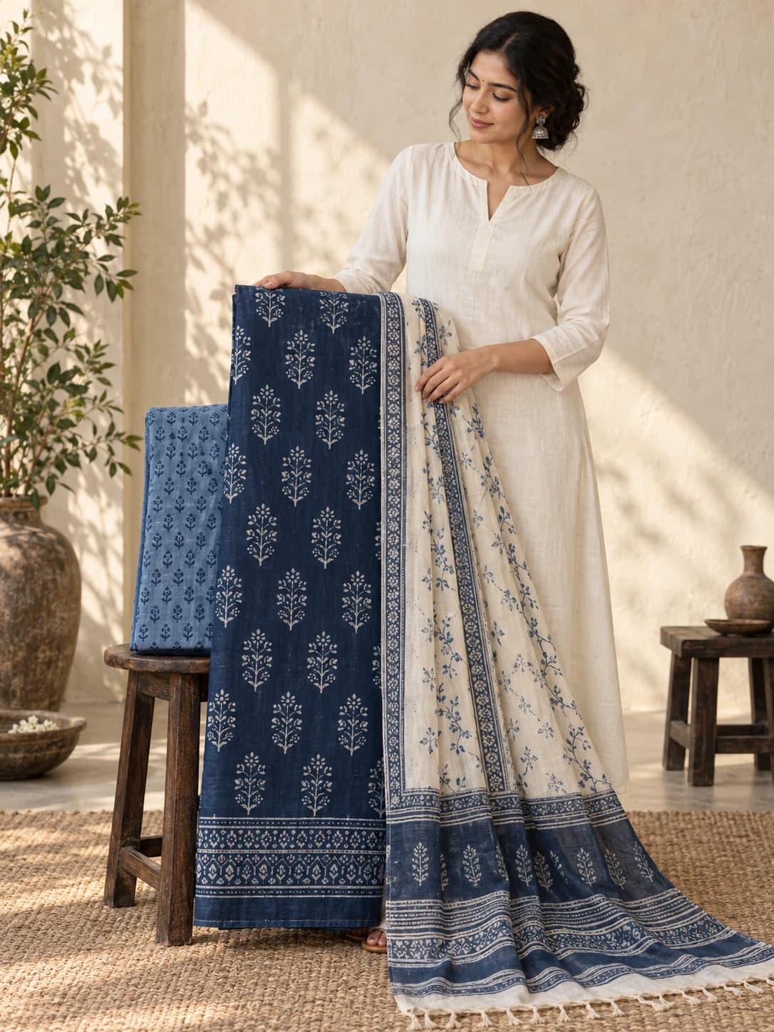 Neel Aangan indigo three-piece unstitched suit fabrics with printed dupatta