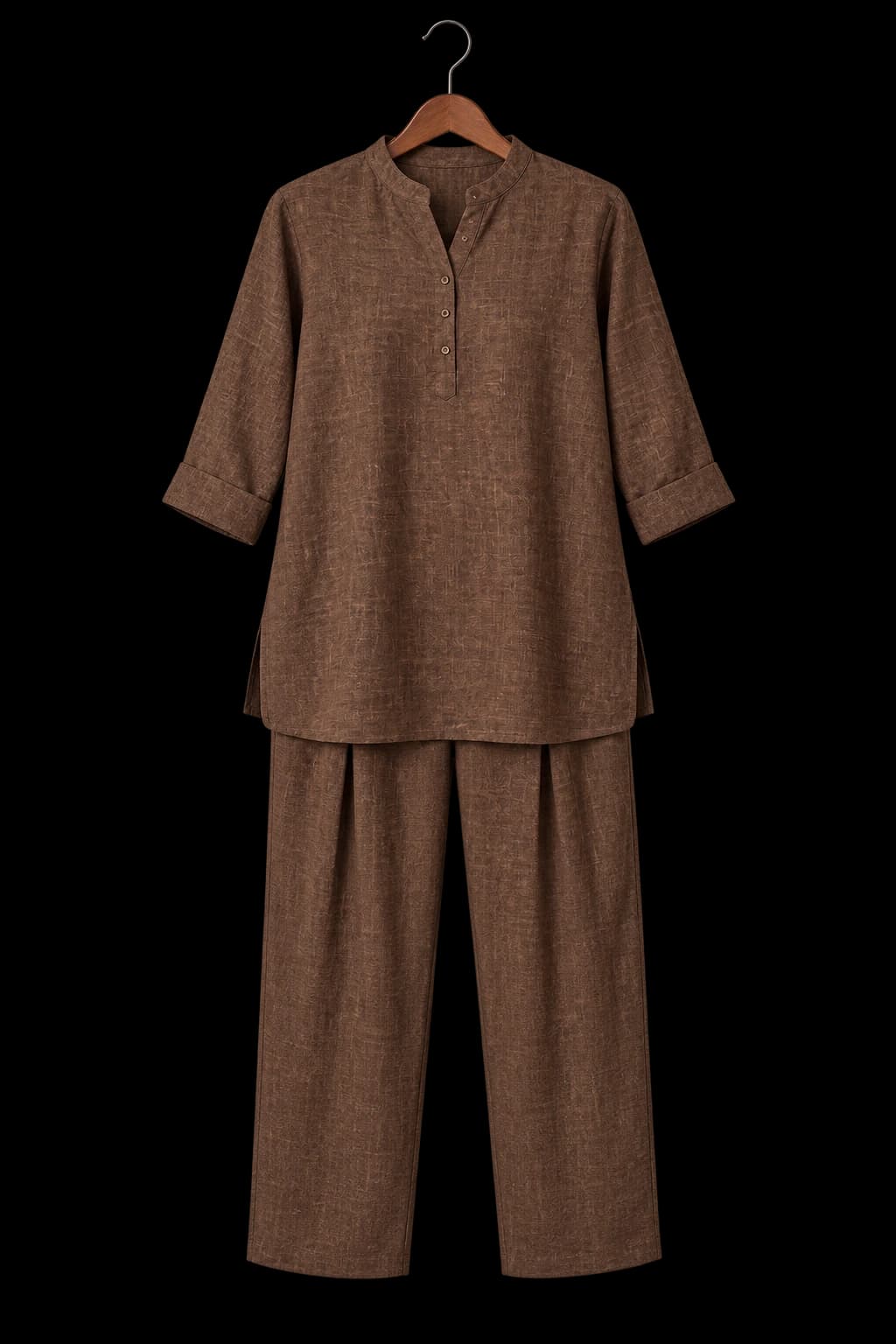 Umber Bark Pleated Co-ord on a wooden hanger