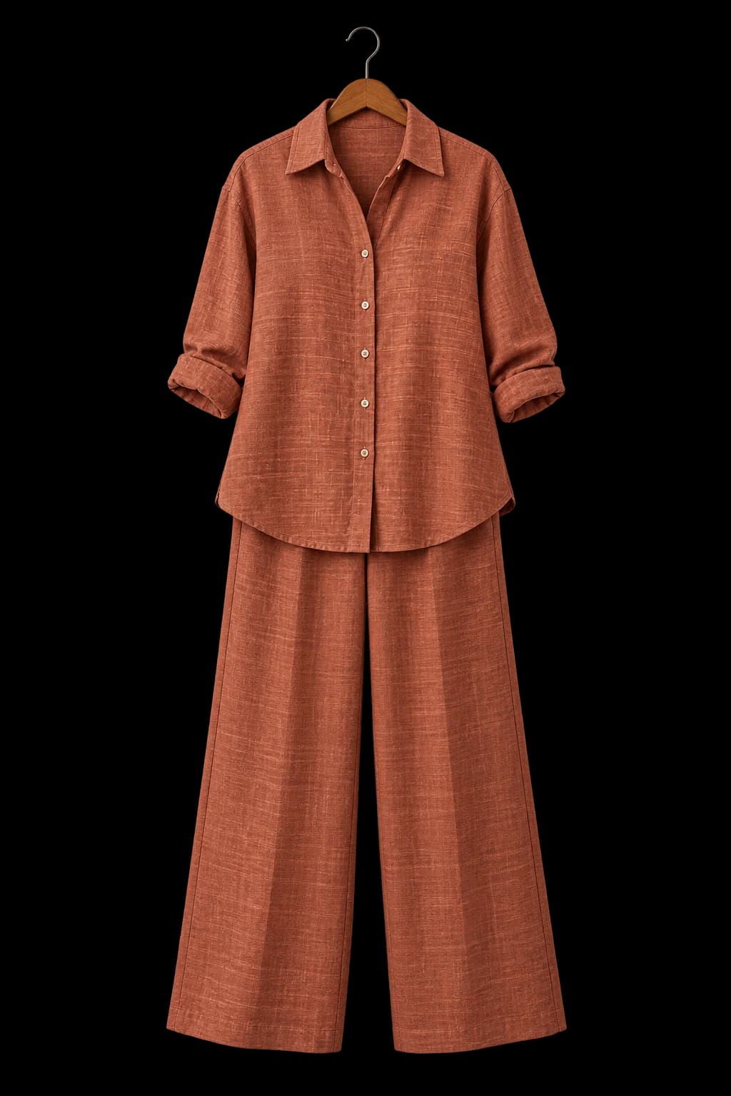 Varnam Terracotta Co-ord Set on a wooden hanger
