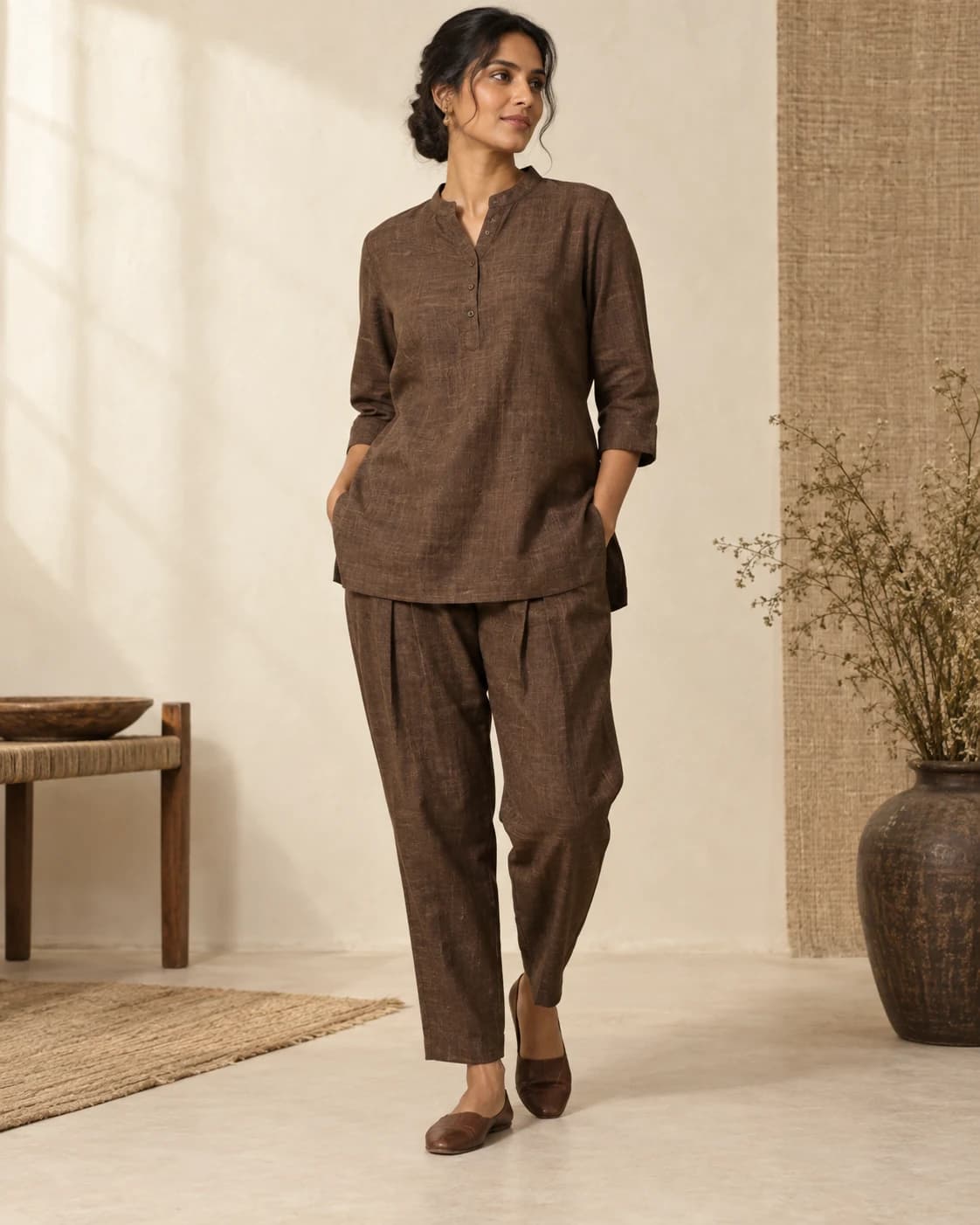 Woman wearing the Umber Bark Pleated Co-ord in Umber Bark