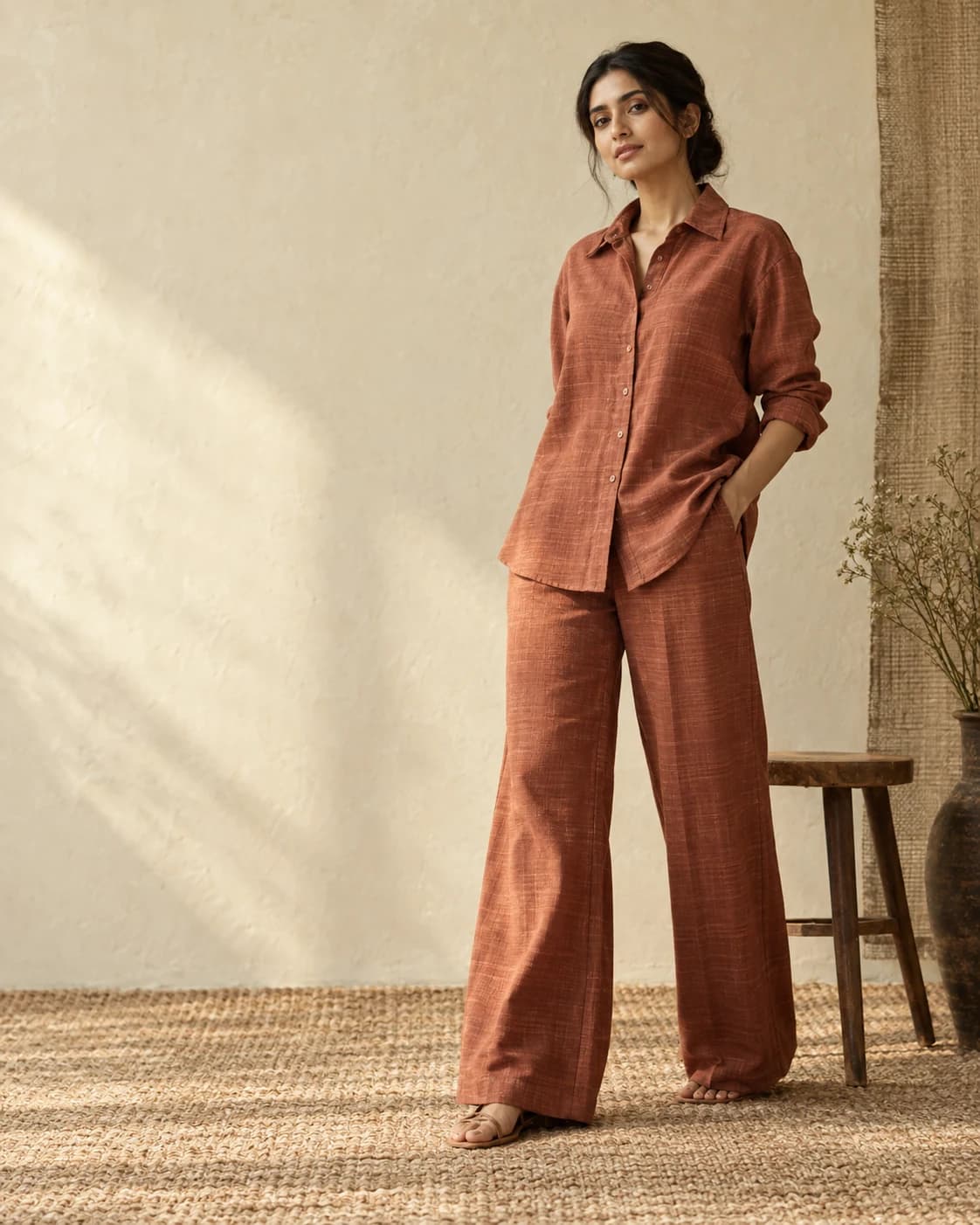 Woman wearing the Varnam Terracotta Co-ord Set in Terracotta